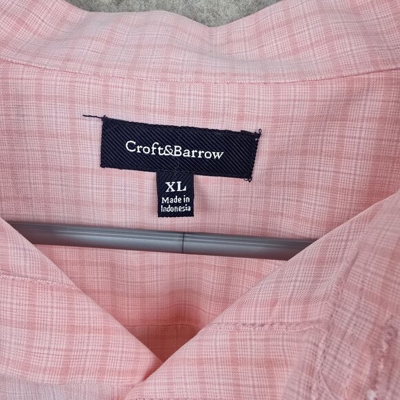 Croft & Barrow Men’s XL Pink Short Sleeve Plaid Button-Up Shirt Polyester - Picture 3 of 7